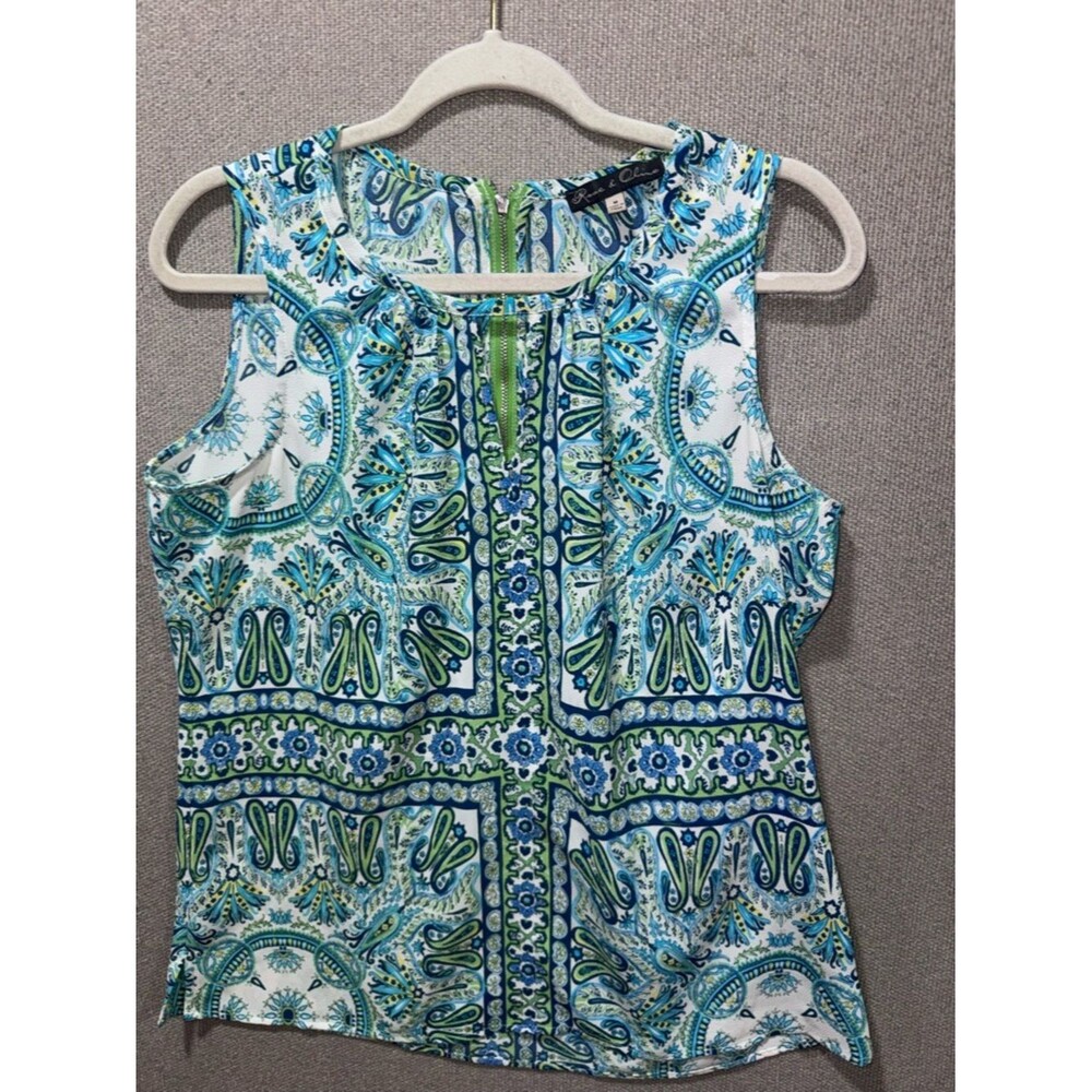 Rose + Olive size medium Keyhole Neck Blouse Blue Green Paisley Sleeveless